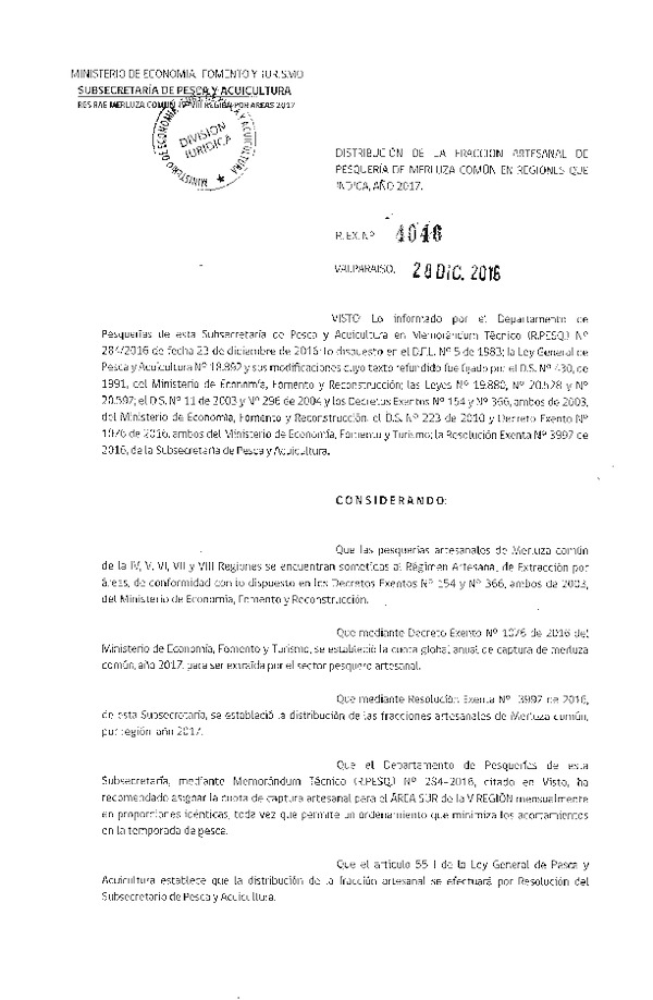 Res. Ex. N° 4046-2016 Distribución de la Fracción Artesanal de Pesquería de Merluza Común en Regiones IV-VIII, Año 2017. (Publicado en Página Web 28-12-2016)