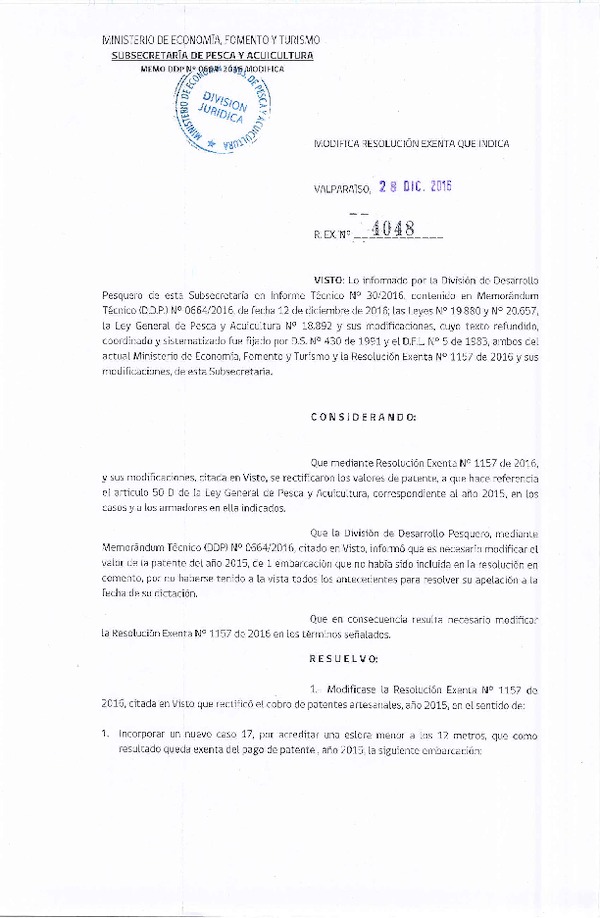 Res. Ex. N° 4048-2016 Modifica Res. Ex. N° 1157-2016 Rectifica Cobros de Patentes Artesanales Año 2015.