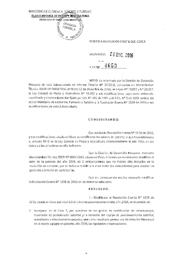 Res. Ex. N° 4053-2016 Modifica Res. Ex. N° 1838-2016 Cobros de Patentes Artesanales Año 2015.