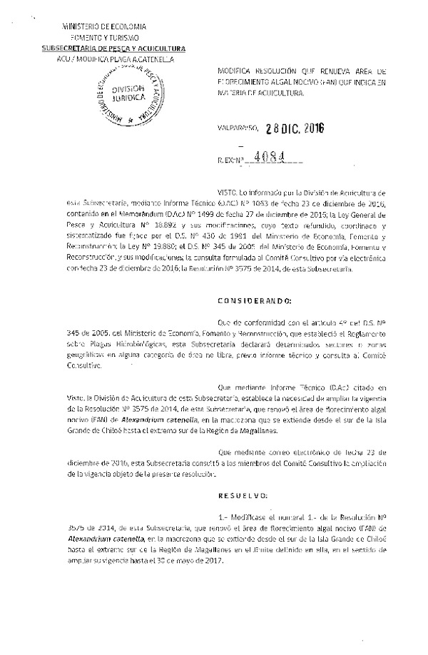 Res. Ex. N° 4084-2016 Modifica Res. Ex. N° 3575-2014 Renueva Área de Florecimiento Algal Nocivo (FAN) en Sector que Indica. (Publicado en Página Web 29-12-2016)