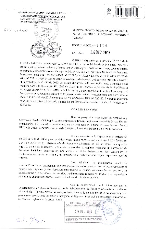 Dec. Ex. N° 1114-2016 Modifica Dec. Ex. Nº 227-2012, Régimen Artesanal de Extracción Pelágicos, VIII Región. (Publicado en Página Web 29-12-2016)