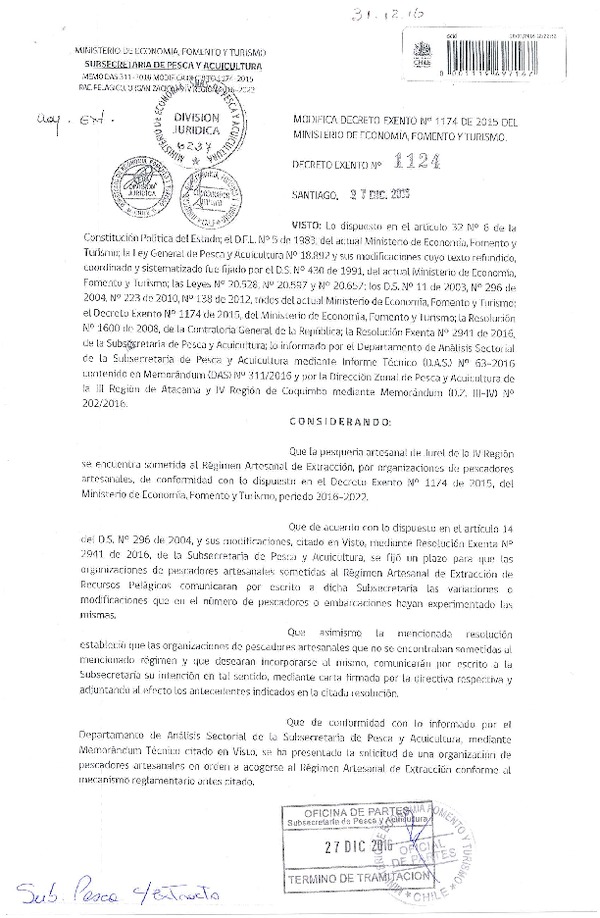 Dec. Ex. N° 1124-2016 Modifica Dec. Ex. N°1174-2015 Establece Régimen Artesanal de Extracción por Organización para la Pesquerías Artesanales de Anchoveta y Jurel en la IV Región. (Publicado en Página Web 29-12-2016)