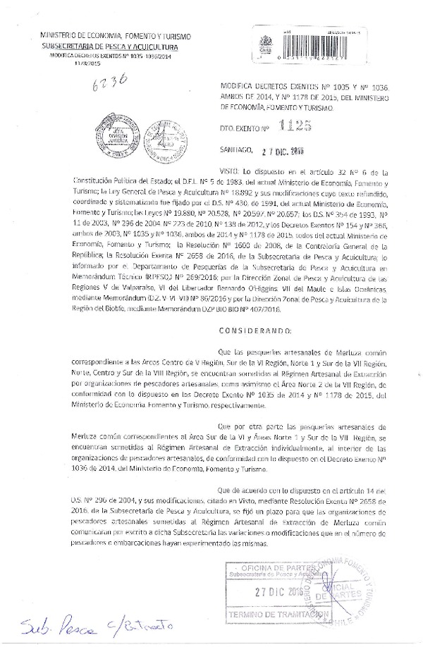 Dec. Ex. N° 1125-2016 Modifica Dec. Ex. N° 1035 y N° 1036, Ambos de 2014 y N° 1178 de 2015, Régimen Artesanal de Extracción. (Publicado en Página Web 29-12-2016)