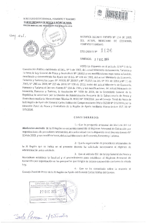 Dec. Ex. N° 1126-2016 Modifica Dec. Ex. N° 114-2005 Régimen Artesanal de Extracción Merluza del Sur, XI Región. (Publicado en Página Web 29-12-2016)