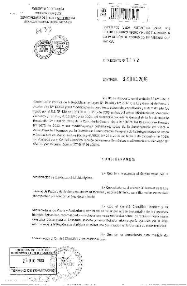 Dec. Ex. N° 1112-2016 Establece Veda Extractiva para los Recursos Huiro Negro y Huiro Flotador en la IV Región. (Publicado en Págima Web 29-12-2016)