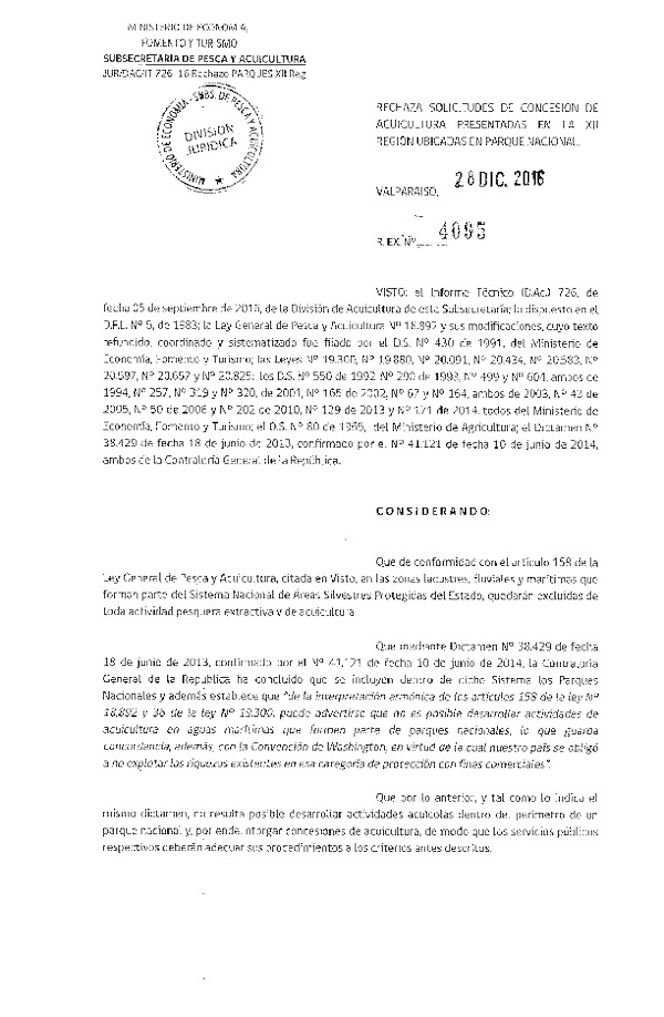 Res. Ex. N° 4095-2016 Rechaza solicitudes de concesión de acuicultura presentadas en la XII Región.