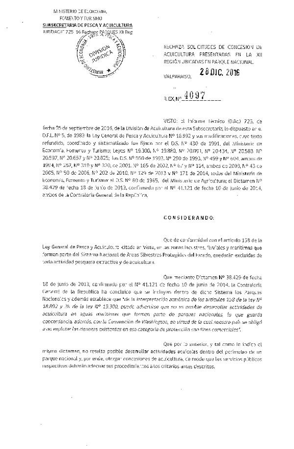Res. Ex. N° 4097-2016 Rechaza solicitudes de concesión de acuicultura presentadas en la XII Región.
