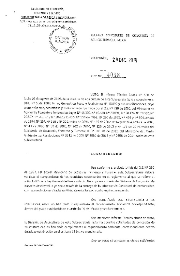 Res. Ex. N° 4098-2016 Rechaza solicitudes de concesión de acuicultura que indica.