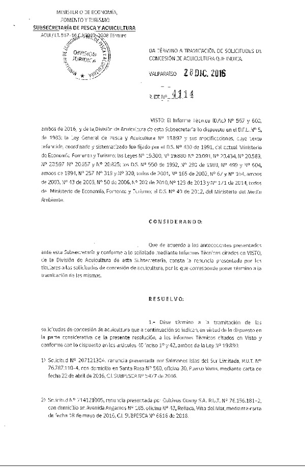 Res. Ex. N° 4114-2016 Da termino a TRAMITACIÓN de concesión de concesión de acuicultura que indica.