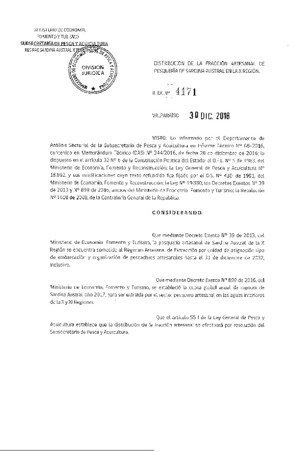 Res. Ex. N° 4171-2016 Distribución de la Fracción Artesanal de Pesquería de Sardina Austral, X Región, año 2017.