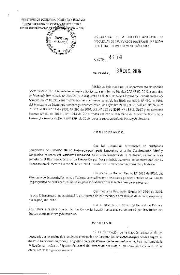 Res. Ex. N° 4174-2016 Distribución de la Fracción Artesanal de Pesquería Crustáceos Demersales, por Flota e Individualmente en la IV Región, Año 2017.