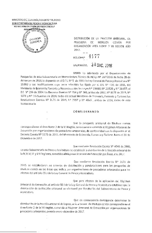 Res. Ex. N° 4177-2016 Distribución de la Fracción Artesanal de Pesquería de Merluza Común, por Organización Área Norte 2 VII Región, Año 2017.