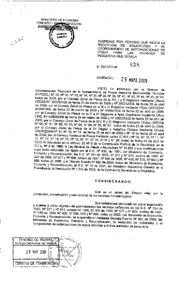 d ex 838-09 suspende recepcion solicitudes y otorgamiento autorizaciones de pesca cierre industrial.pdf