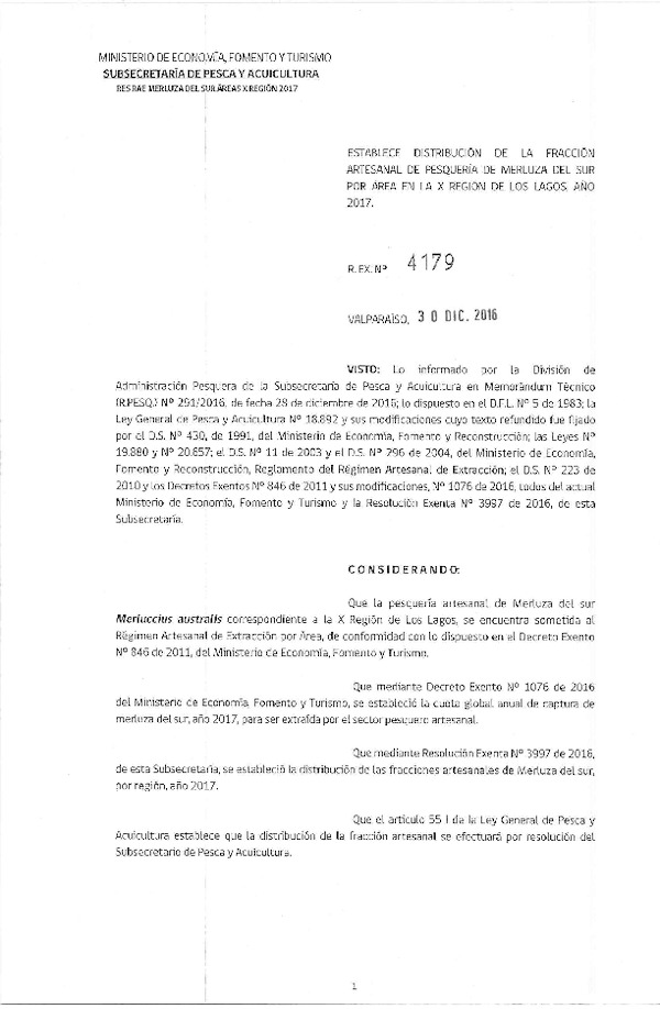 Res. Ex. N° 4179-2016 Distribución de la Fracción Artesanal de Pesquería de Merluza del Sur por Área,X Región, Año 2017.