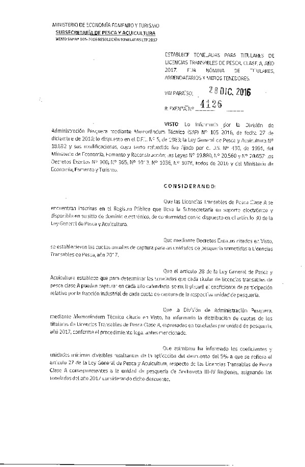 Res. Ex. N° 4126-2016 Establece Toneladas para Titulares de Licencias Transables de Pesca, Clase A, Año 2017. Fija Nómina de Titulares, Arrendatarios y Meros Tenedores. (Publicado en Página Web 03-01-2017)