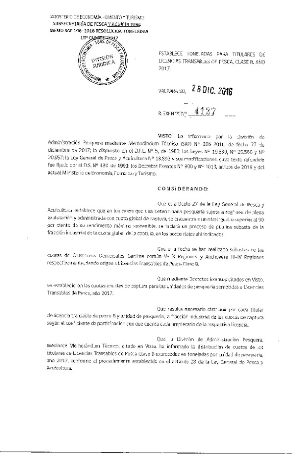 Res. Ex. N° 4127-2016 Establece Toneladas para Titulares de Licencias Transables de Pesca, Clase B, Año 2017. (Publicado en Página Web 03-01-2017)