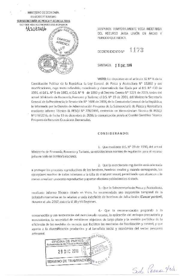 Dec. Ex. N° 1173-2016 Suspende Temporalmente Veda Indefinida del Recurso Jaiba Limón en la V, VI y VII Regiones. (Publicado en Página Web 03-01-2017)