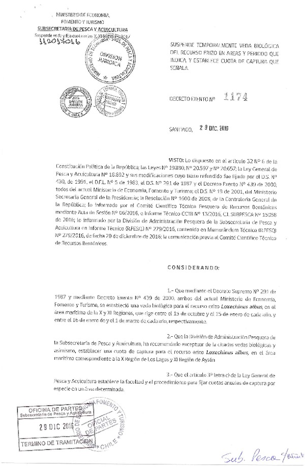 Dec. Ex. Nº 1174-2016 Suspende Temporalmente Veda Biológica Recurso Erizo X-XI Región y Establece Cuota de Captura. (Publicado en Página Web 03-01-2017)