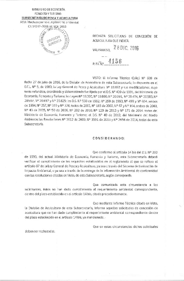 Res. Ex. N° 4156-2016 Rechaza solicitudes de concesión de acuicultura que indica.