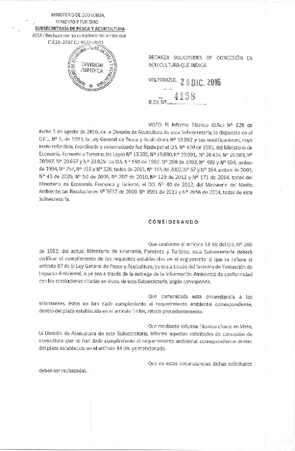 Res. Ex. N° 4158-2016 Rechaza solicitudes de concesión de acuicultura que indica.