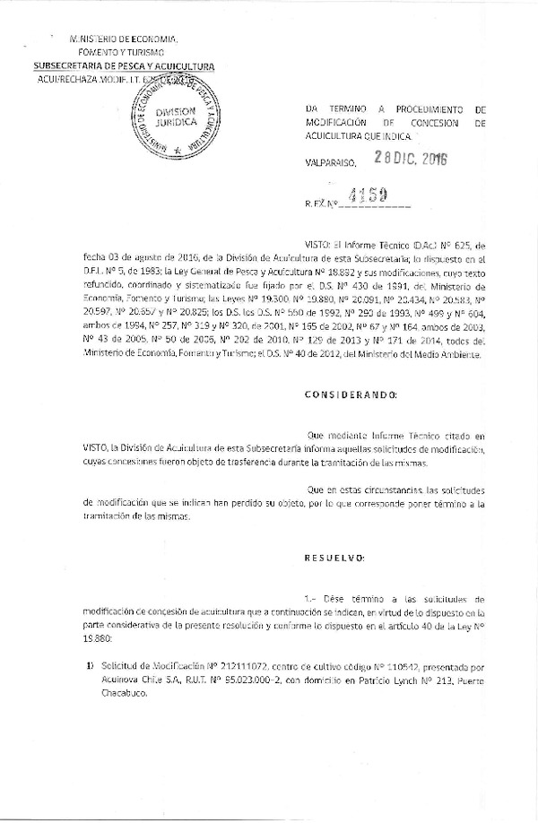 Res. Ex. N° 4159-2016 Da termino a procedimiento de modificación de concesión de acuicultura que indica.