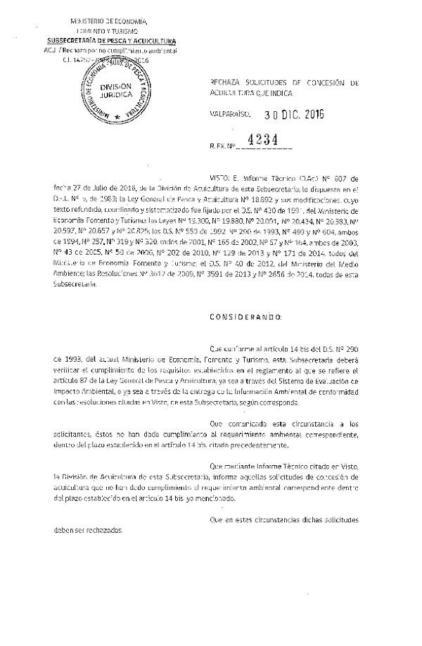 Res. Ex. N° 4234-2016 Rechaza solicitudes de concesión de acuicultura que indica.