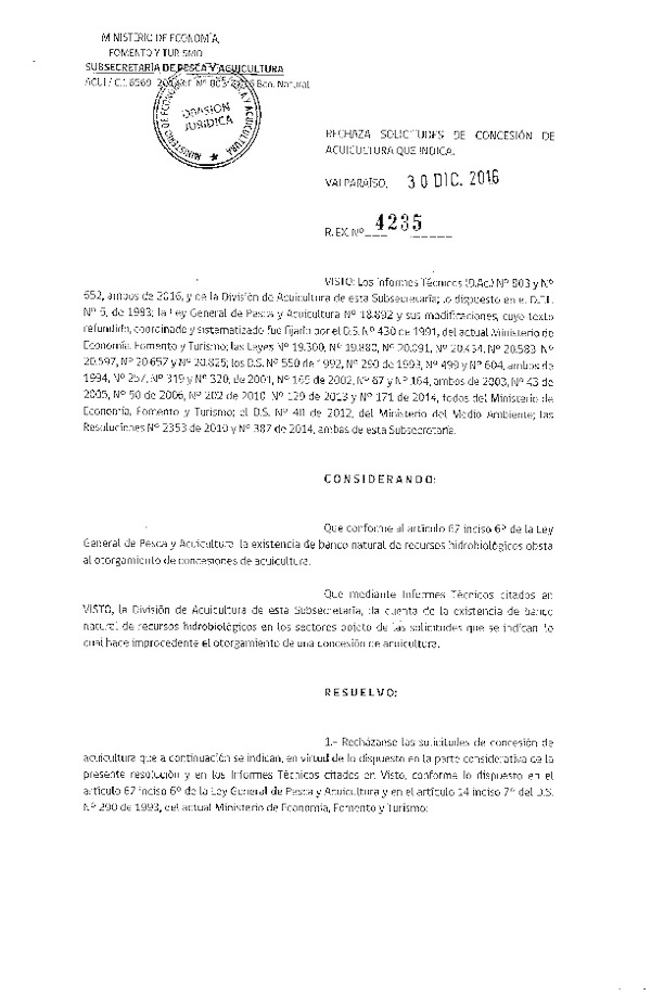 Res. Ex. N° 4235-2016 Rechaza solicitudes de concesión de acuicultura que indica.