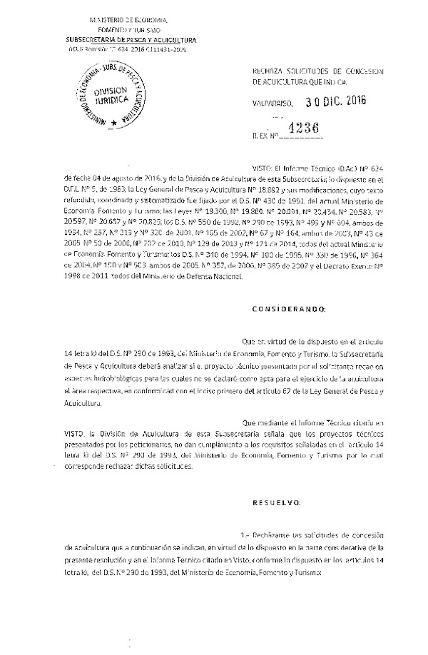 Res. Ex. N° 4236-2016 Rechaza solicitudes de concesión de acuicultura que indica.