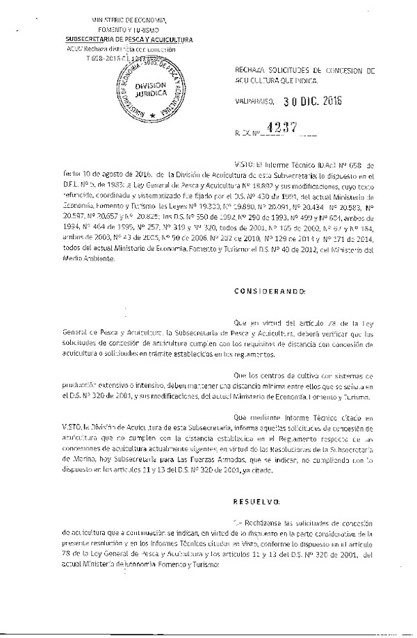 Res. Ex. N° 4237-2016 Rechaza solicitudes de concesión de acuicultura que indica.