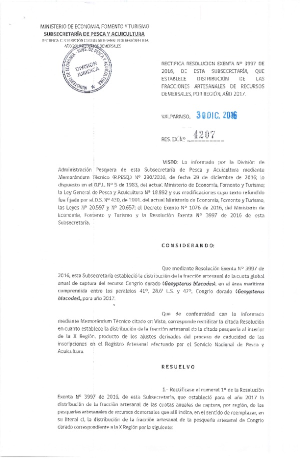 Res. Ex. N° 4207-2016 Rectifica Res. Ex. N° 3997-2016 Establece Distribución de las Fracciones Artesanales de las Cuotas Anuales de Captura por Región de Recursos Demersales IV-X Regiones, Año 2017. (Publicado en Página Web 03-01-2017)