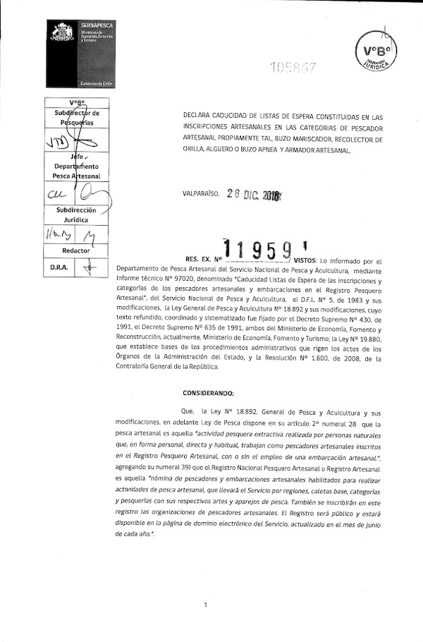 Res. Ex. N° 11959-2016 (Sernapesca) Declara Caducidad de Listas de Espera Constituidas en las Inscripciones Artesanales. (F.D.O. 31-12-2016)