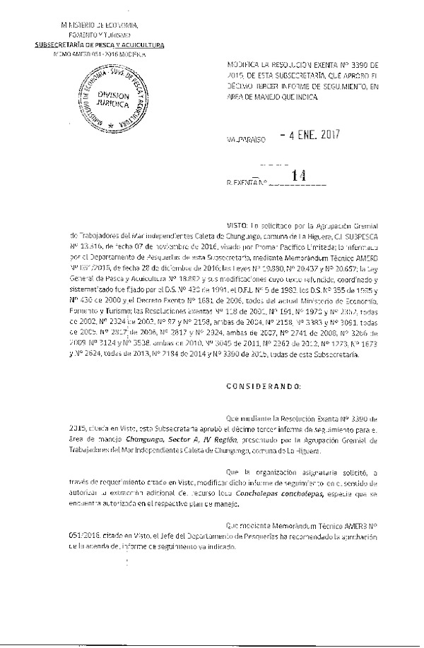 Res. Ex. N° 14-2017 Modifica Res. Ex. N° 3390-2015.