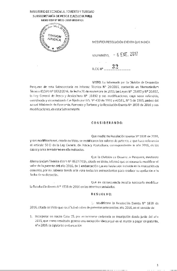 Res. Ex. N° 32-2016 Modifica Res. Ex. N° 1838-2016 Cobros de Patentes Artesanales Año 2015.