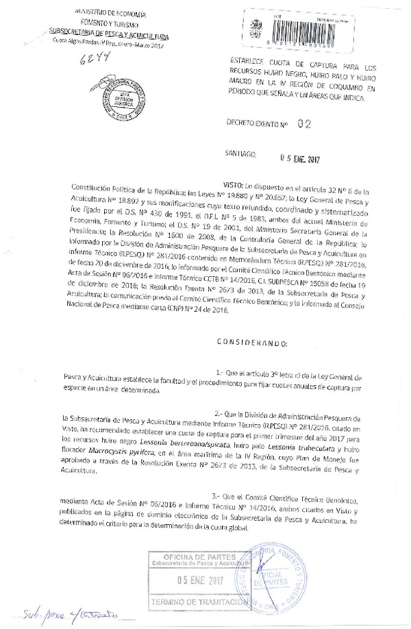 Dec. Ex. N° 2-2017 Establece Cuota de Captura Recursos Huiro Negro, Huiro Palo y Huiro Macro en la IV Región. (Publicado en Página web 10-01-2017)