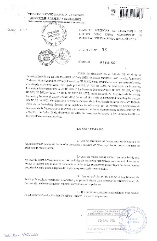 Dec. Ex. Nº 3-2017 Establece Porcentaje de Desembarque de Especies como Fauna Acompañante de Pesquerías Artesanales que Indica, Año 2017. (Publicado en Página Web 10-01-2017)