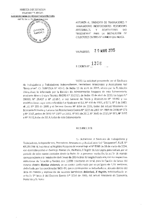 Res. Ex. N° 1376-2015 INSTALACIÓN DE COLECTORES.