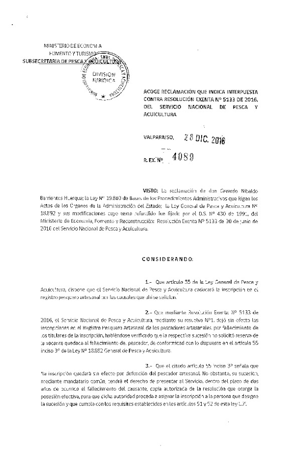 Res. Ex. N° 4089-2016 Acoge reclamaciones que indica interpuestas contra la Res. Ex. N° 5133-2016 del Servicio Nacional de Pesca y Acuicultura.