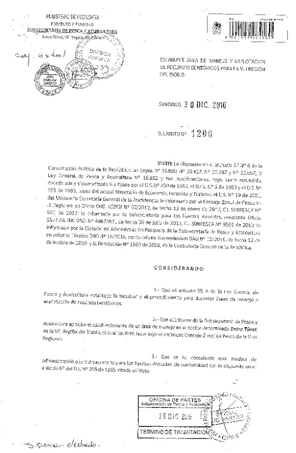 Dec. Ex. N° 1206-2016 Establece Área, Entre Túnel, VIII Región. (Publicado en Página web 16-01-2017)