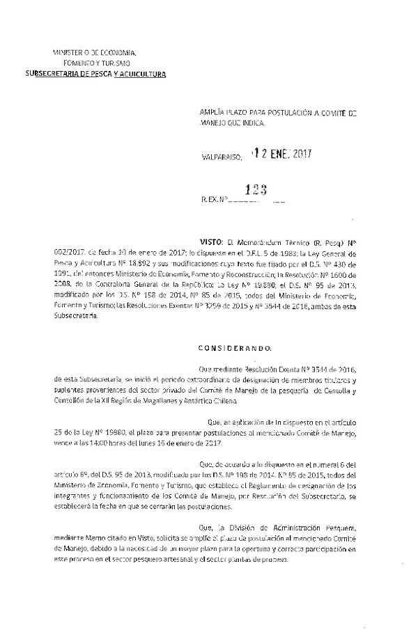Res. Ex. N° 123-2017 Amplía Plazo para Postulación a Comité de Manejo. (F.D.O. 17-01-2017)