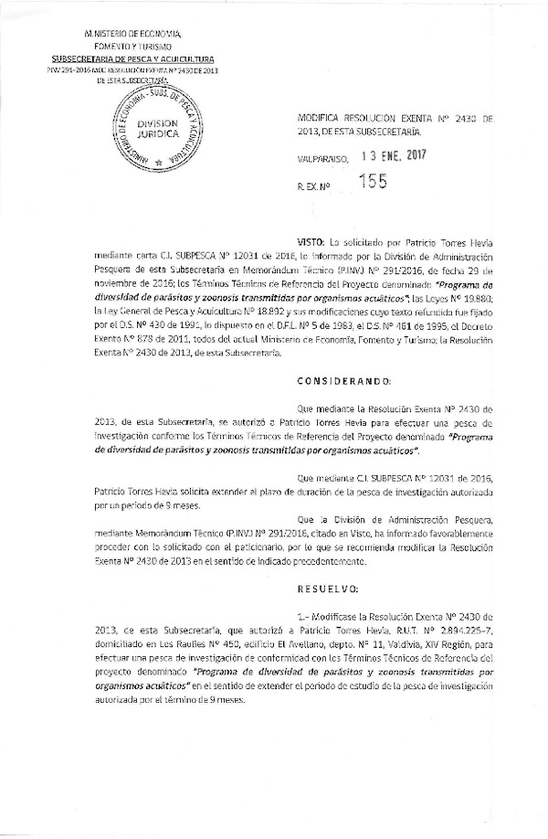 Res. Ex. N° 155-2017 Modifica Res. Ex. Nº 2430-2013 Programa de diversidad de parásitos y zoonosis transmitidas por organismos acuáticos.