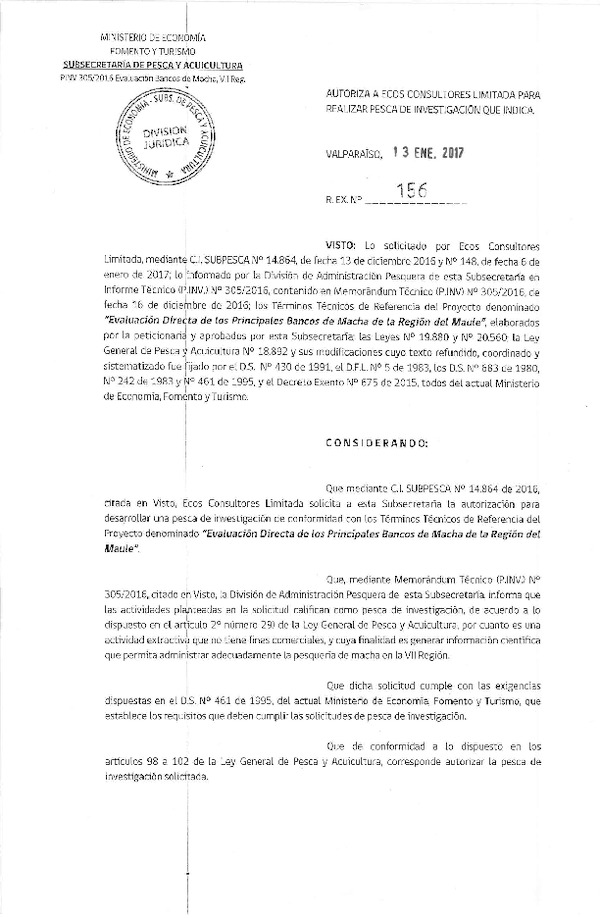 Res. Ex. N° 156-2017 Evaluación directa de los principales bancos de macha en la VII Región.