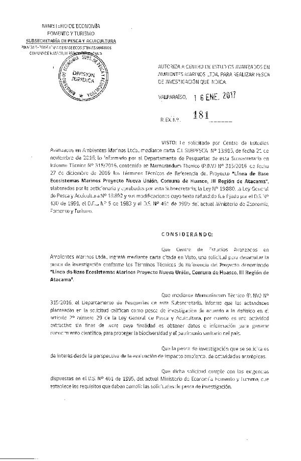 Res. Ex. N° 181-2017 Línea de base ecosistemas marinos, comuna de Huasco, III Región.