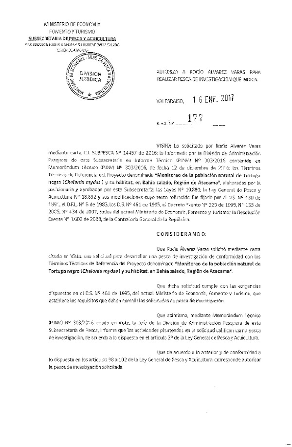 Res. Ex. N° 177-2017 Monitoreo de la población natural de tortuga negra y su habitat, III Región.