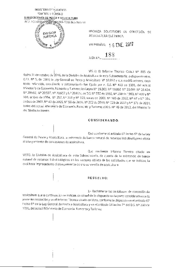 Res. Ex. N° 188-2017 Rechaza solicitudes de concesión de acuicultura que indica.