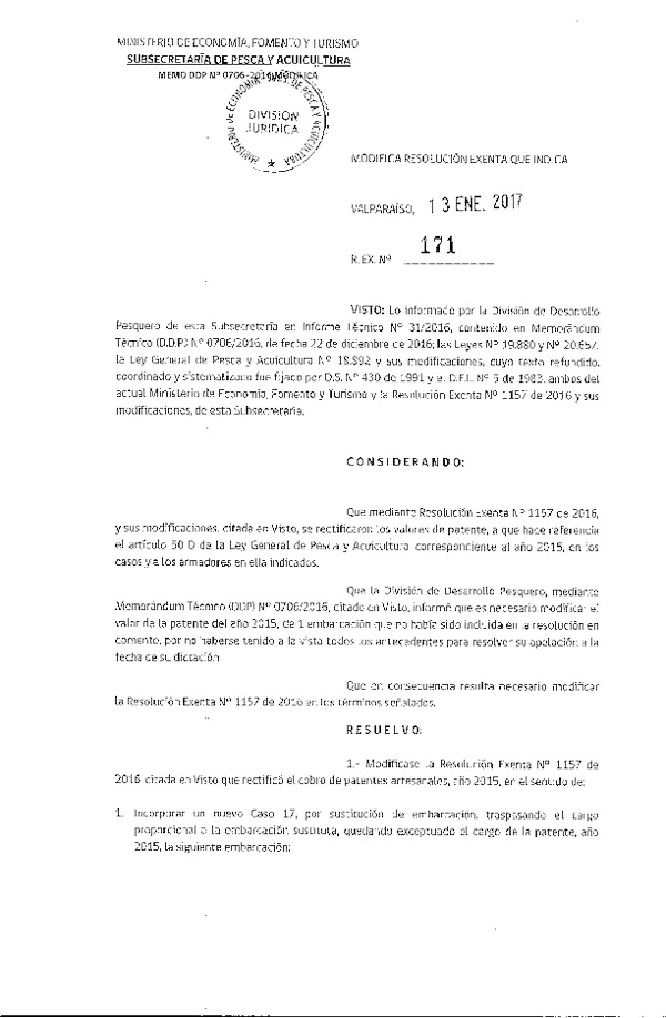 Res. Ex. N° 171-2017 Modifica Res. Ex. N° 1157-2016 Cobros de Patentes Artesanales Año 2015.