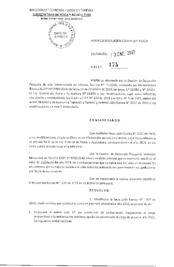 Res. Ex. N° 175-2017 Modifica Res. Ex. N° 1157-2016 Cobros de Patentes Artesanales Año 2015.