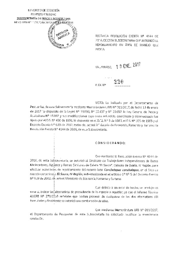 Res. Ex. N° 220-2017 Rectifica Res. Ex. N° 4144-2016 Repoblamiento.