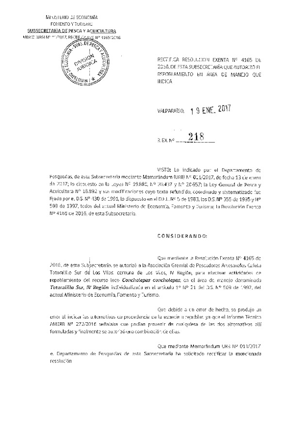 Res. Ex. N° 218-2017 Rectifica Res. Ex. N° 4165-2016 Repoblamiento.