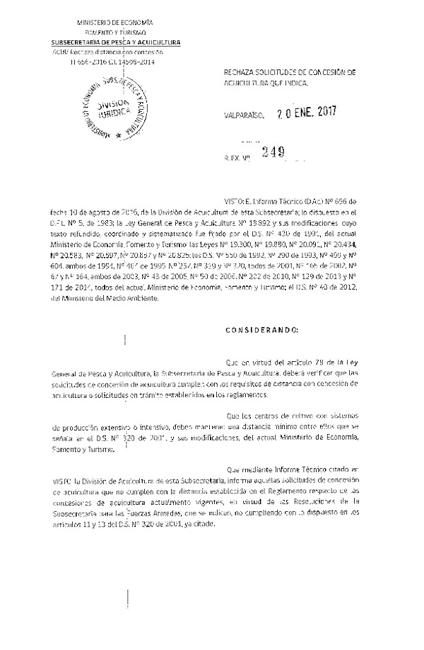 Res. Ex. N° 249-2017 Rechaza solicitudes de concesión de acuicultura que indica.