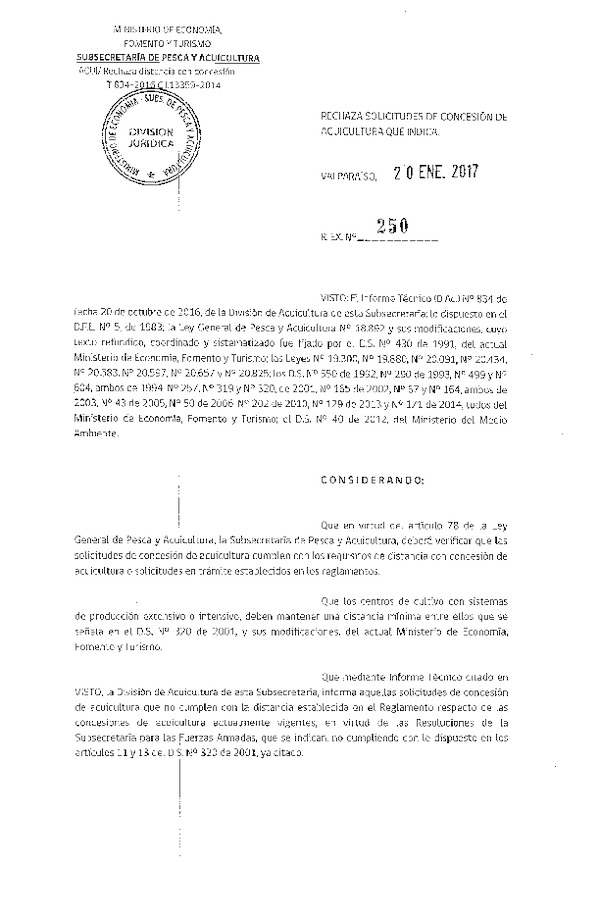 Res. Ex. N° 250-2017 Rechaza solicitudes de concesión de acuicultura que indica.